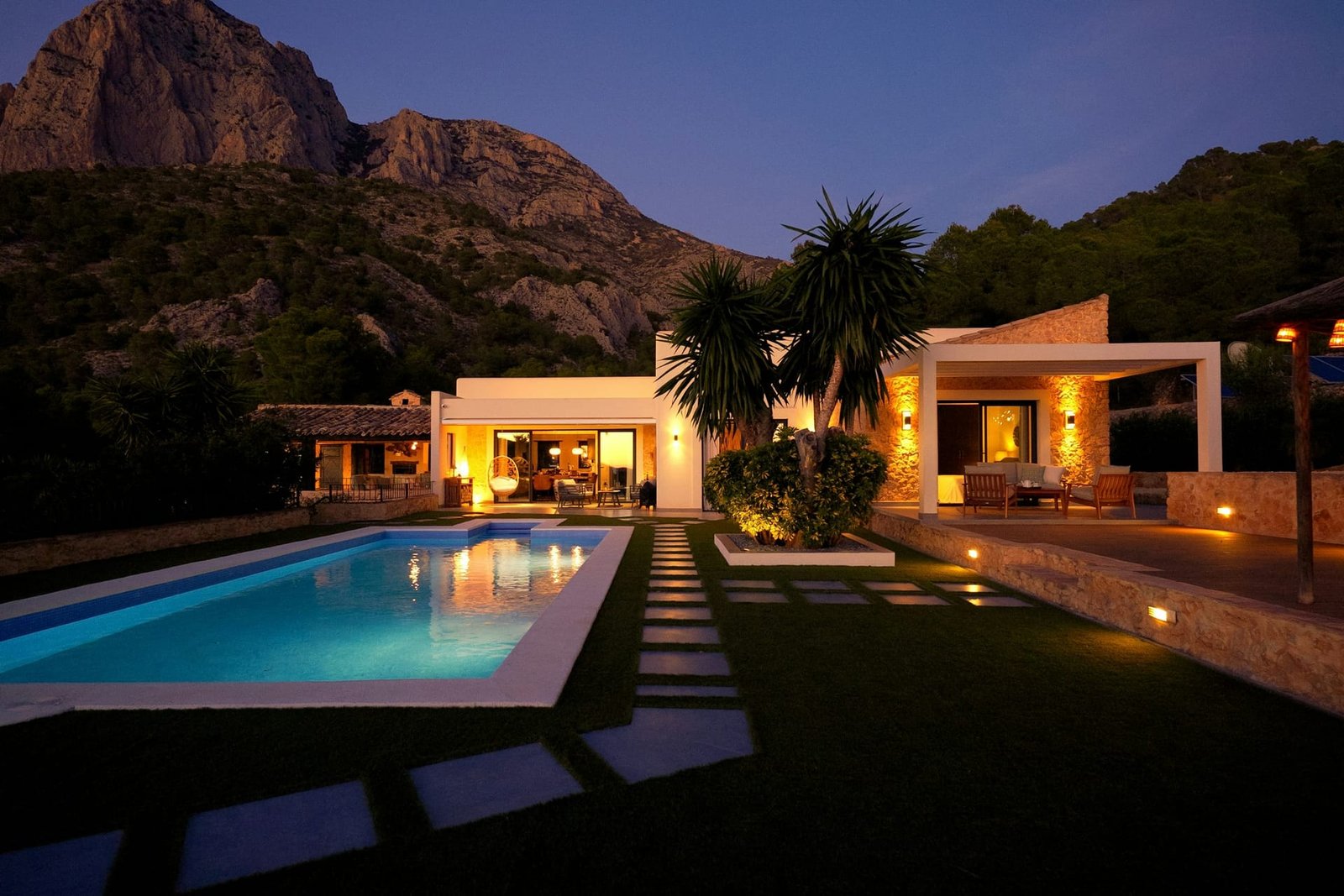 Private villa terrace and pool at sunset in Marbella